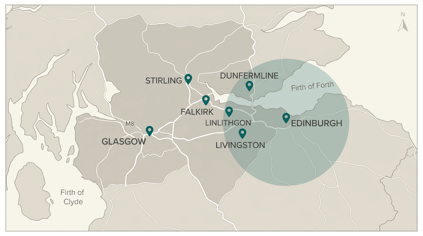 Map showing ScanPlan service coverage across Edinburgh, Glasgow, Stirling, and the Scottish Central Belt