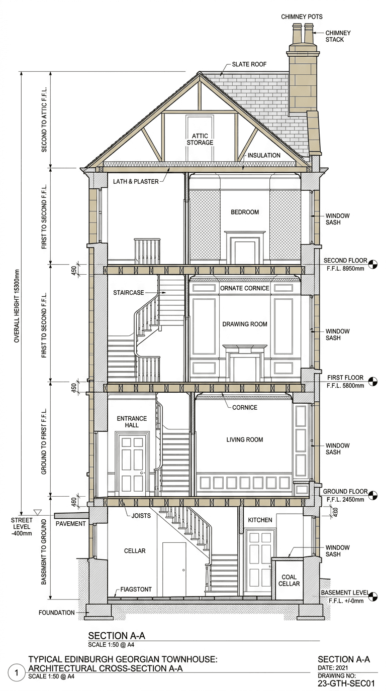 Cross-section drawing of a multi-storey Edinburgh townhouse showing floor levels, ceiling heights, and structural relationships
