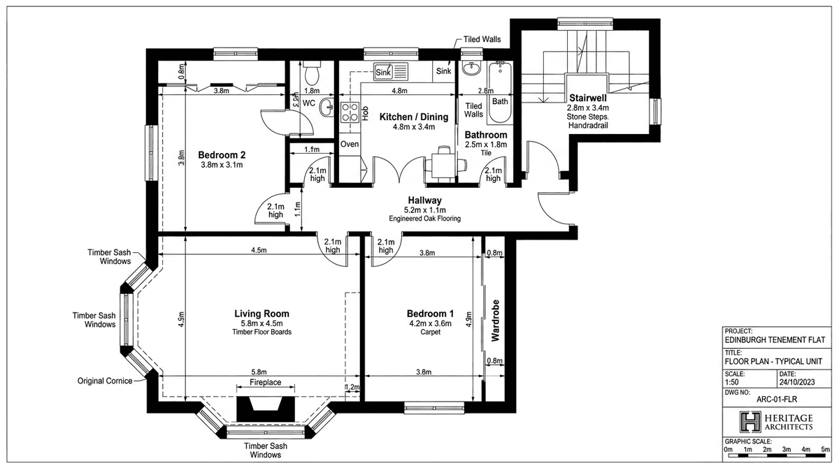 Professional measured floor plan of an Edinburgh tenement flat showing walls, doors, windows, and room dimensions
