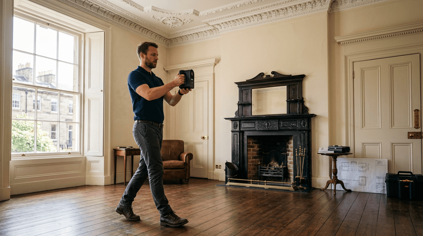 Surveyor using a handheld LiDAR scanner inside a Georgian interior