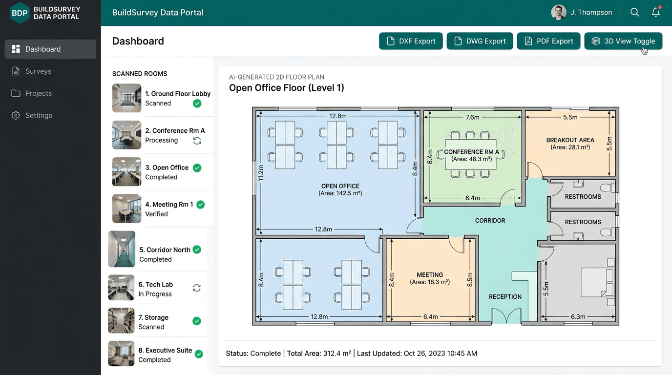ScanPlan online portal showing an AI-enhanced floor plan with wall detection, measurement tools, and export options