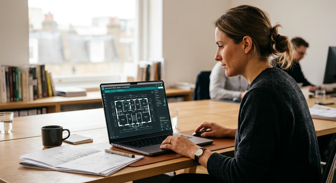 Architect reviewing measured building survey floor plans on a laptop