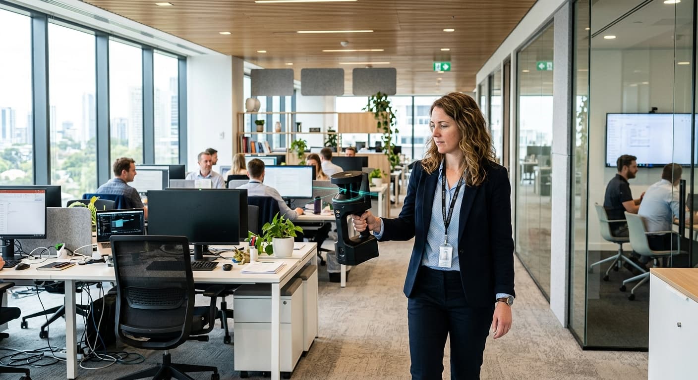 Surveyor using handheld LiDAR scanner in a modern commercial office space