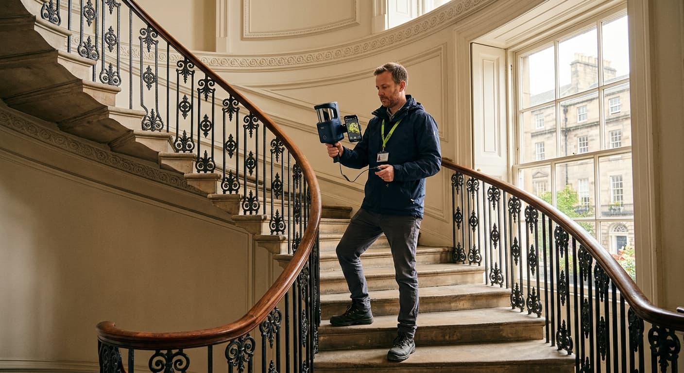 Building surveyor scanning a Georgian stairwell with a handheld LiDAR scanner in Edinburgh